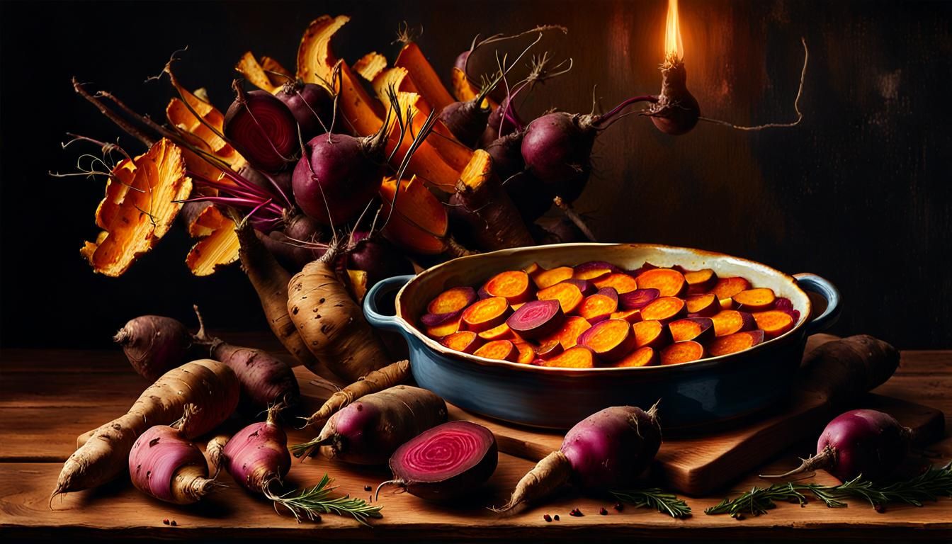 Root Vegetable Gratin Still Life in Dutch Masters Style
