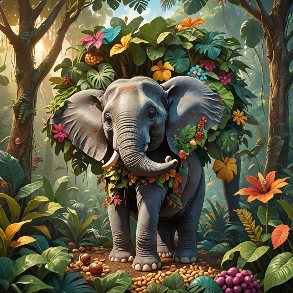 Cartoon Elephant Eating Peanuts in Jungle Illustration
