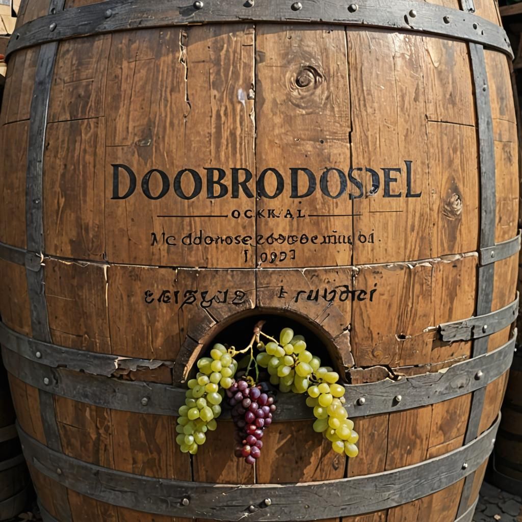 A large wooden wine barrel, next to it is a bunch of torn gr...
