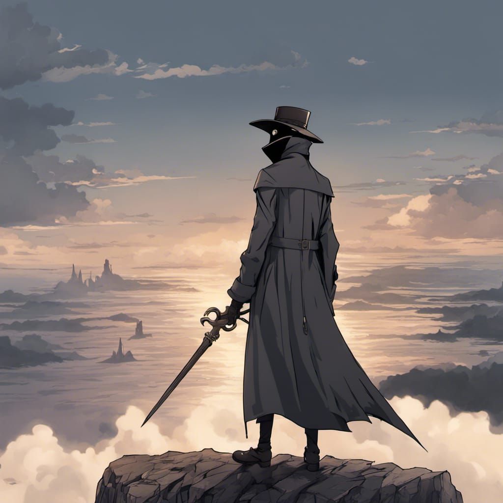 Plague Doctor on Cliff: Anime Style Digital Art