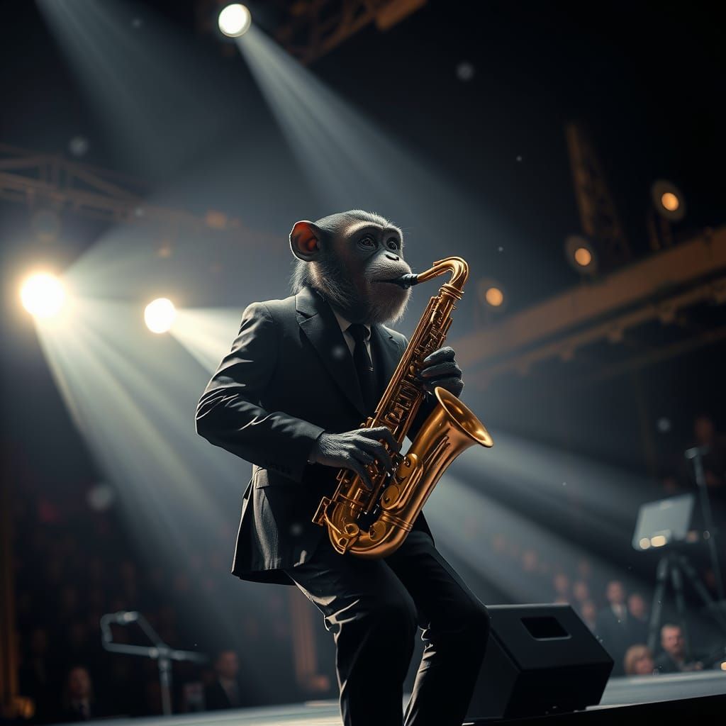 view of a monkey in a black suit playing jazz using a saxoph...