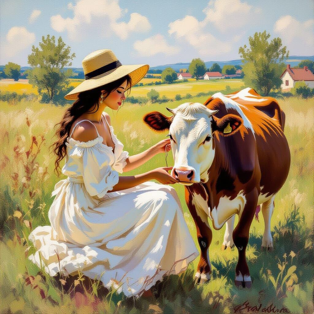 Zahia Milking a Cow in Impressionistic Rural Scene