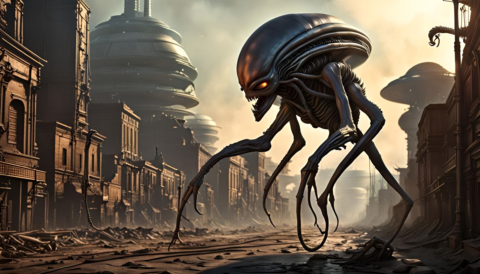 Dangerous Alien Street Scene in Dark Surrealism