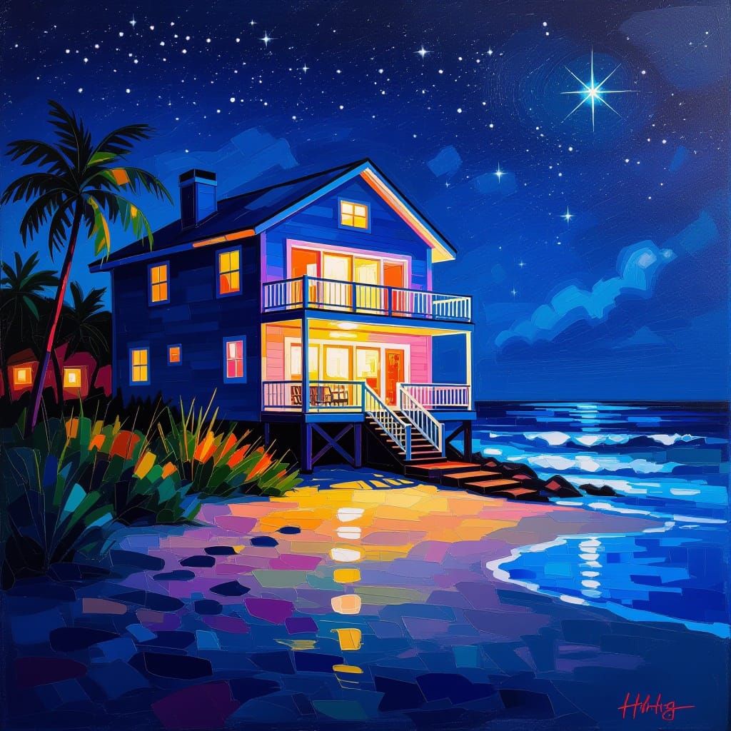 Illuminated Beach House at Night: Impasto Painting