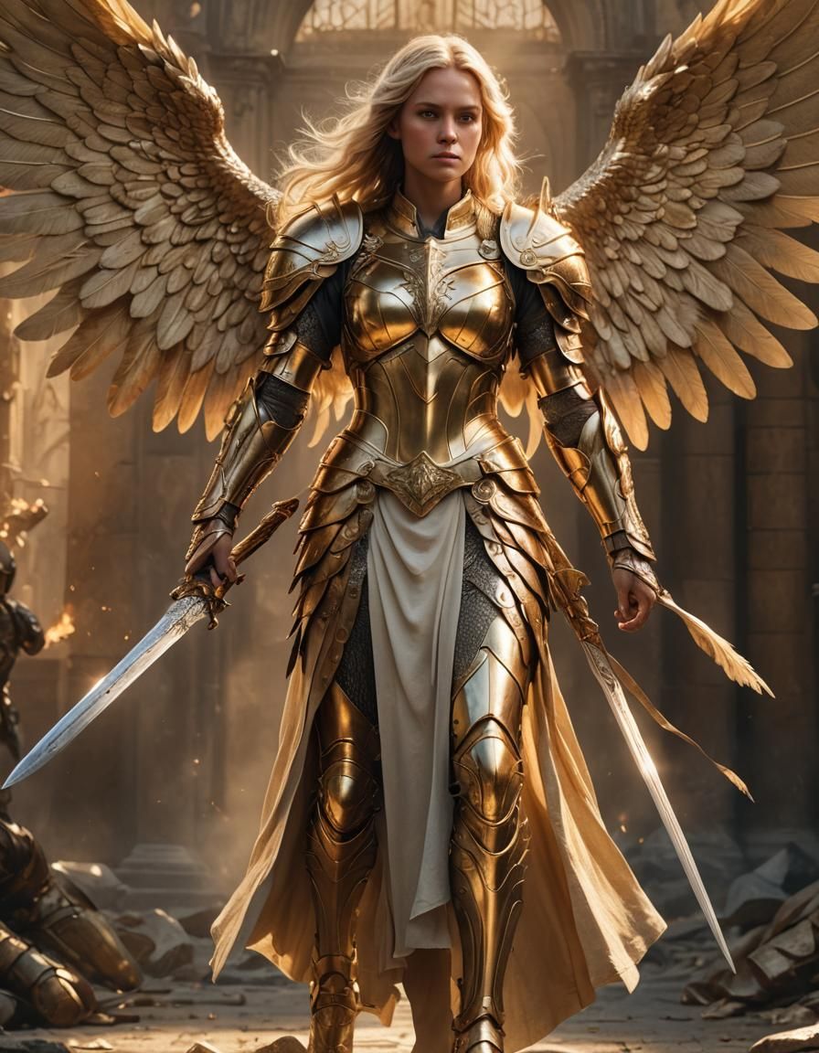 Female Angel in Golden Armor Digital Painting