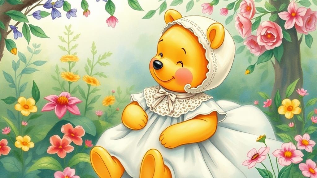 Whimsical Winnie the Pooh in Traditional Christening Attire