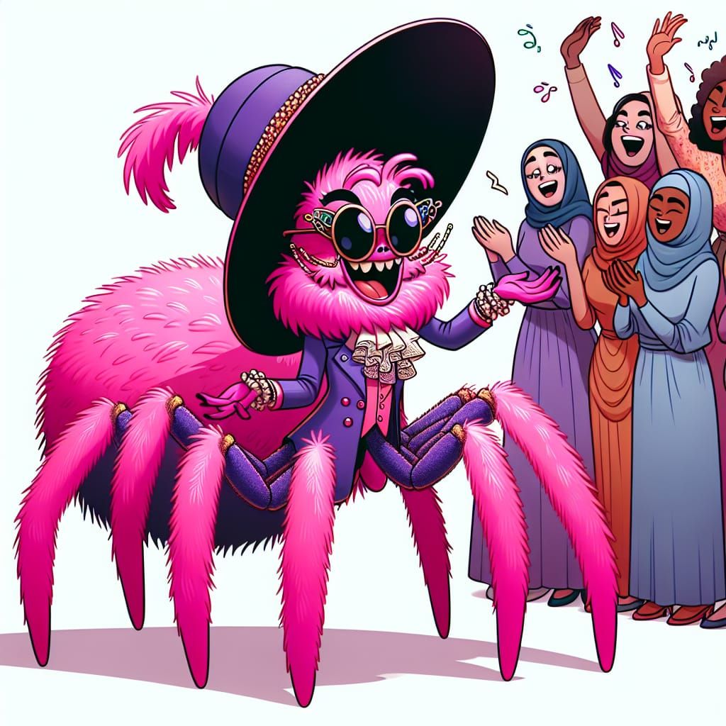 Anthropomorphic Spider Celebrated by Cheering Women