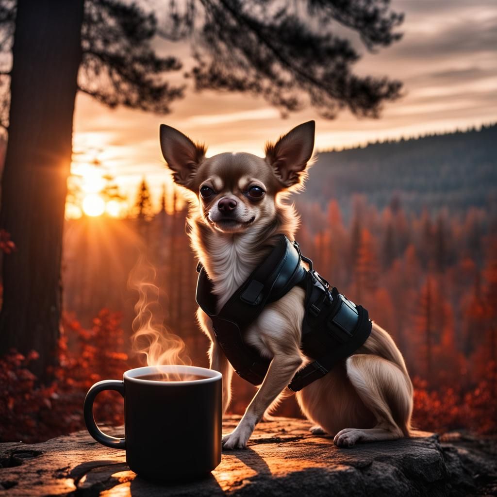 Angry Chihuahua Drinks Coffee at Sunset