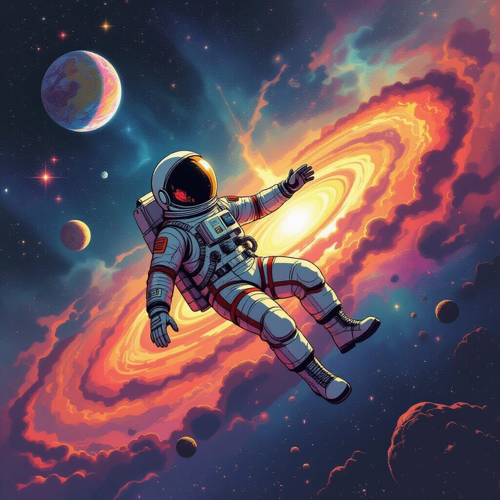 Astronaut Adrift in Cosmic Sea, 1950s Sci-Fi Style