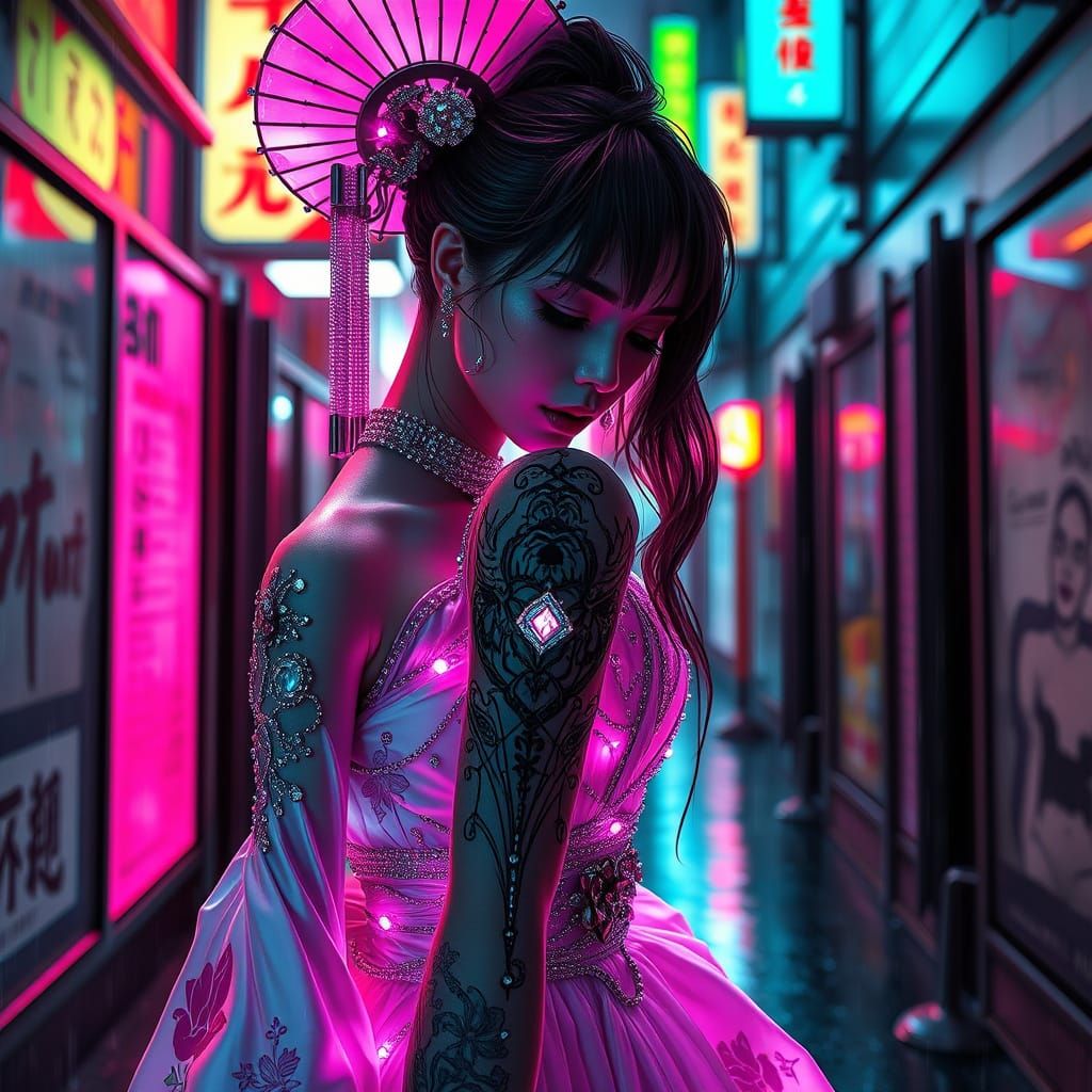 Cyborg Geisha Weeping in Neon Alleyway, Cyberpunk Art