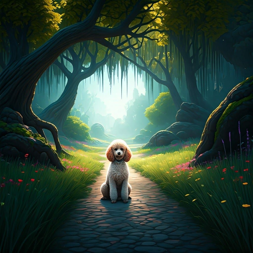 Poodle in Fantasy Park, Matte Painting Style