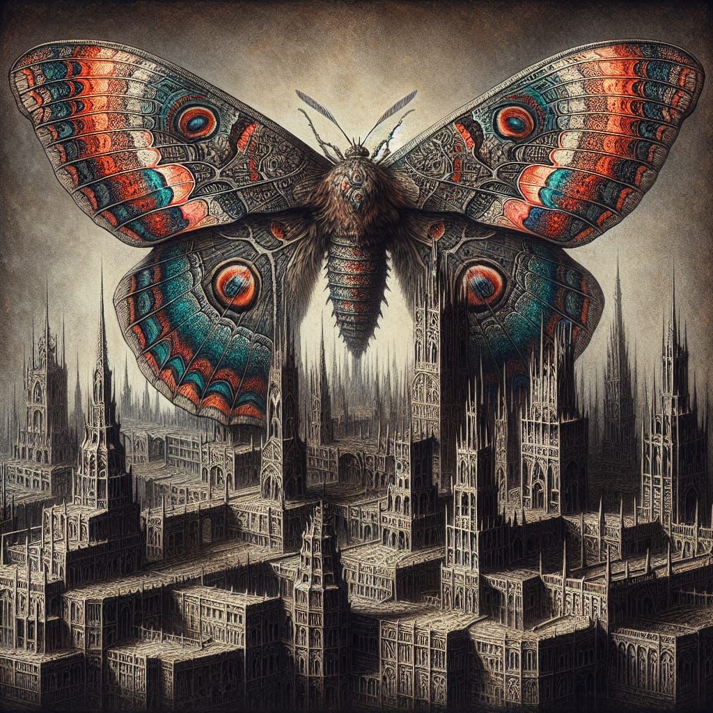Butterfly in Dystopian City, Gothic Art Style