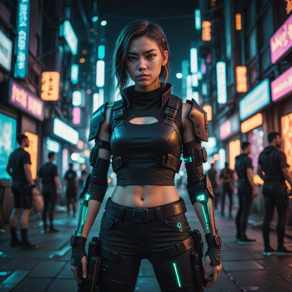 Cyberpunk City Girl with Holstered Weapon