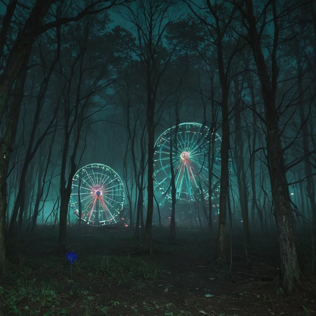 Eerie Carnival in Mystical Forest: Surreal Landscape