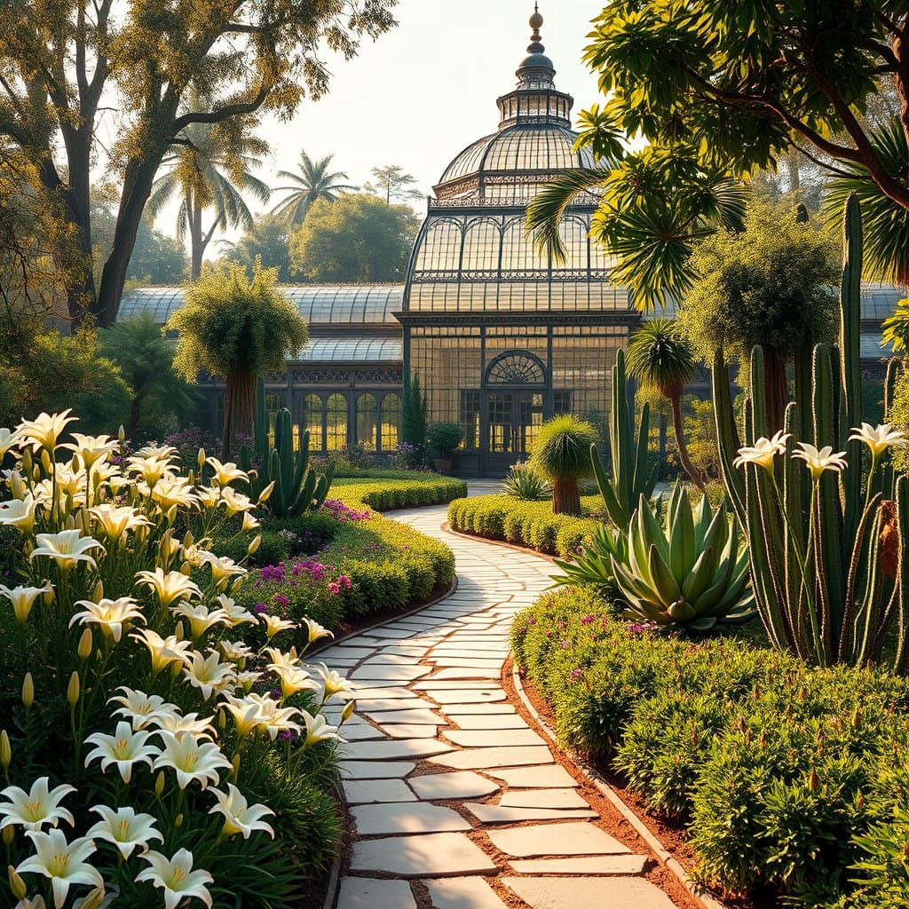 A vast and opulent Victorian-era botanical garden stretches endlessly, its grandeur accentuated by a rich palette of aut...