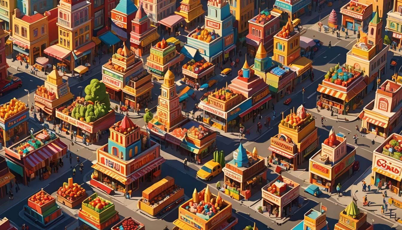 Whimsical Food City in Pop Art Style