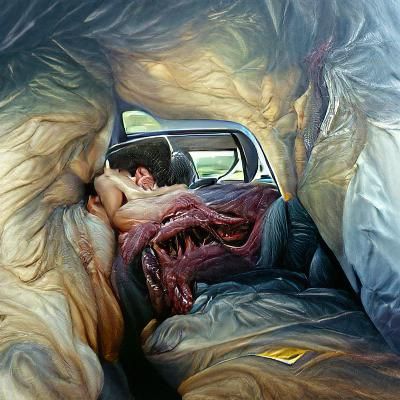 Monster Romance in Backseat, Oil Painting Style