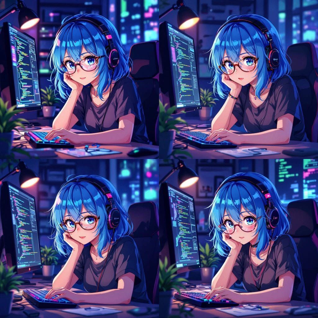 Anime Girl Coding Game with Blue Hair, Cinematic Lighting