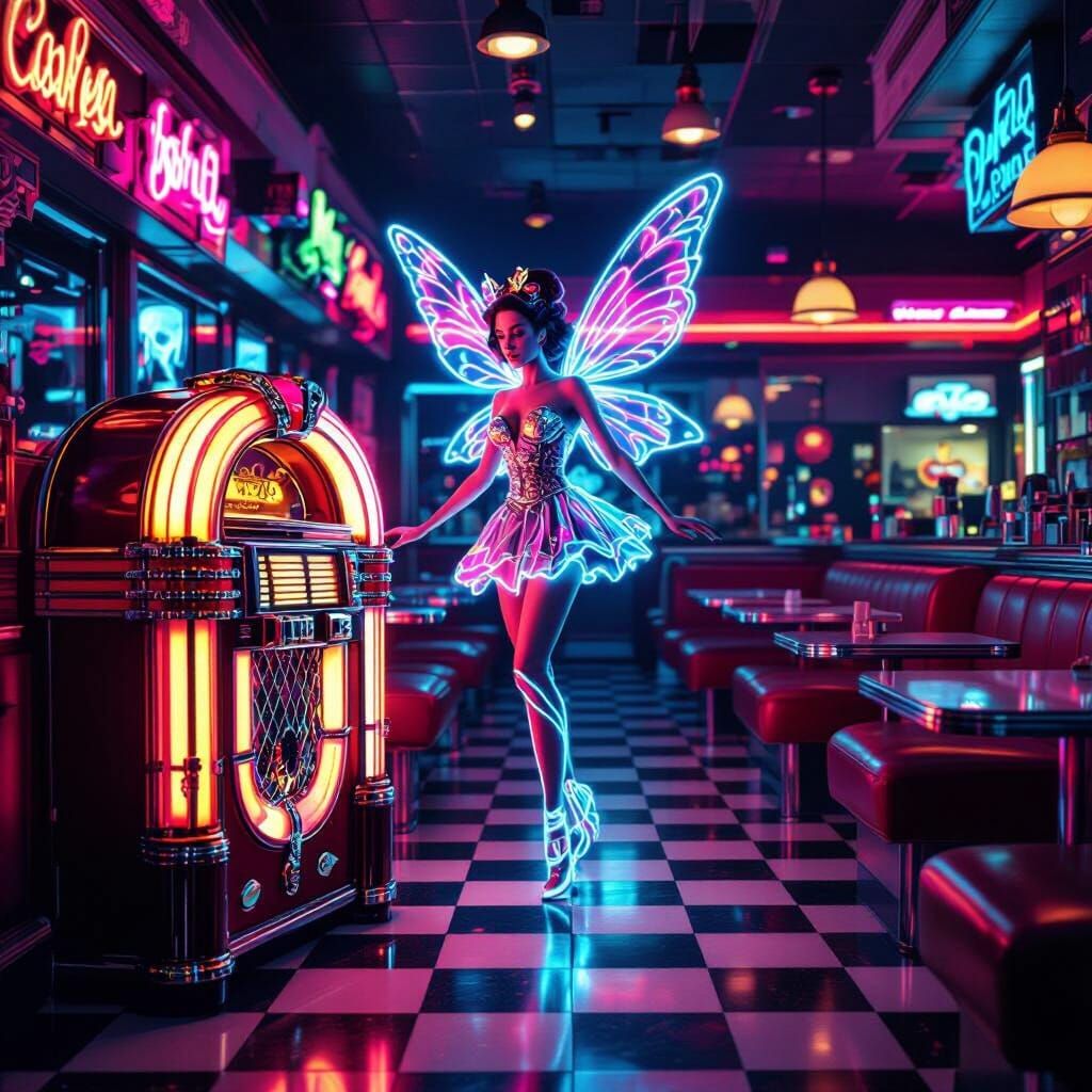 Neon Fairy Dances in Retro Diner, Hyperrealistic Style