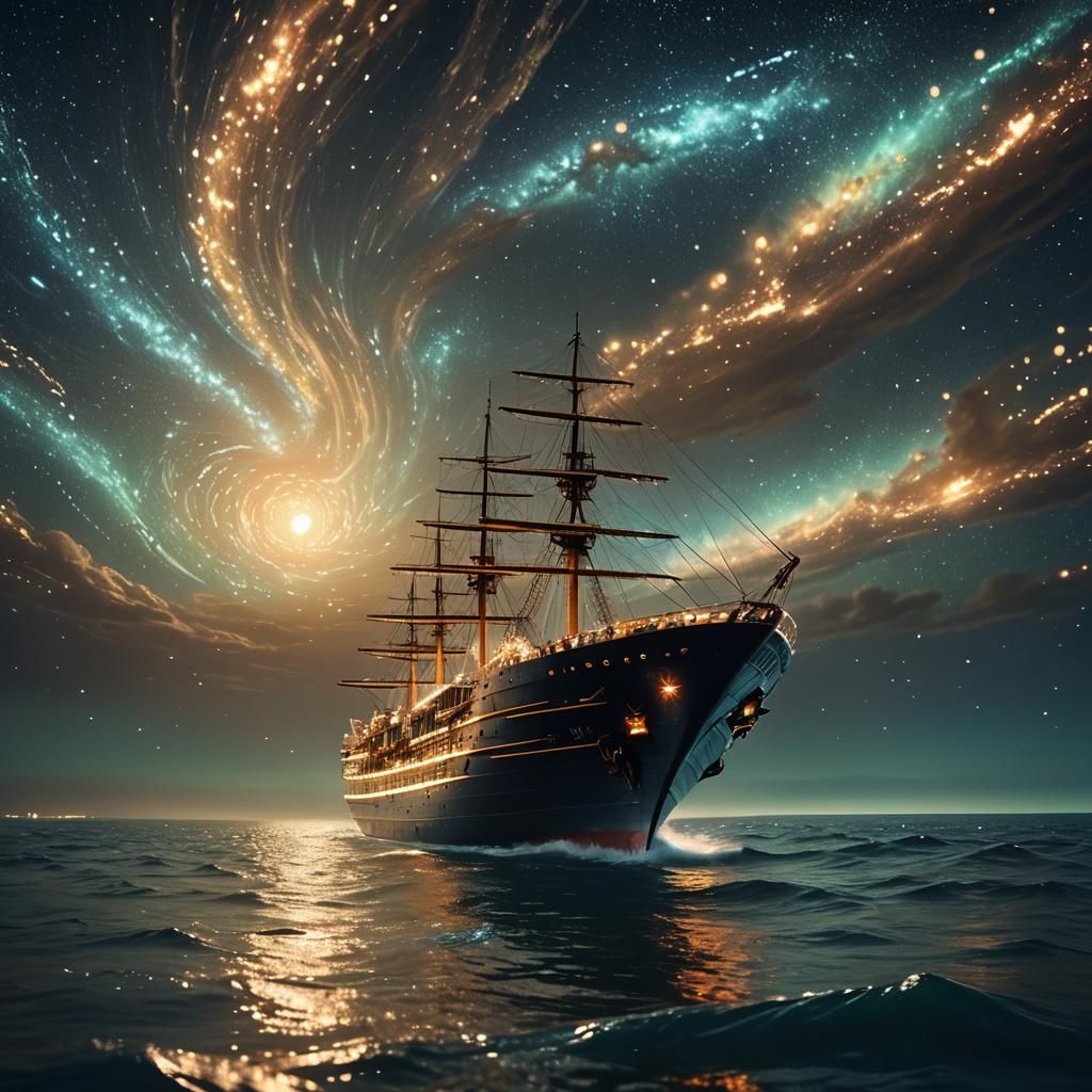 Massive Ship Sails Glowing Ocean: Impressionistic Realism
