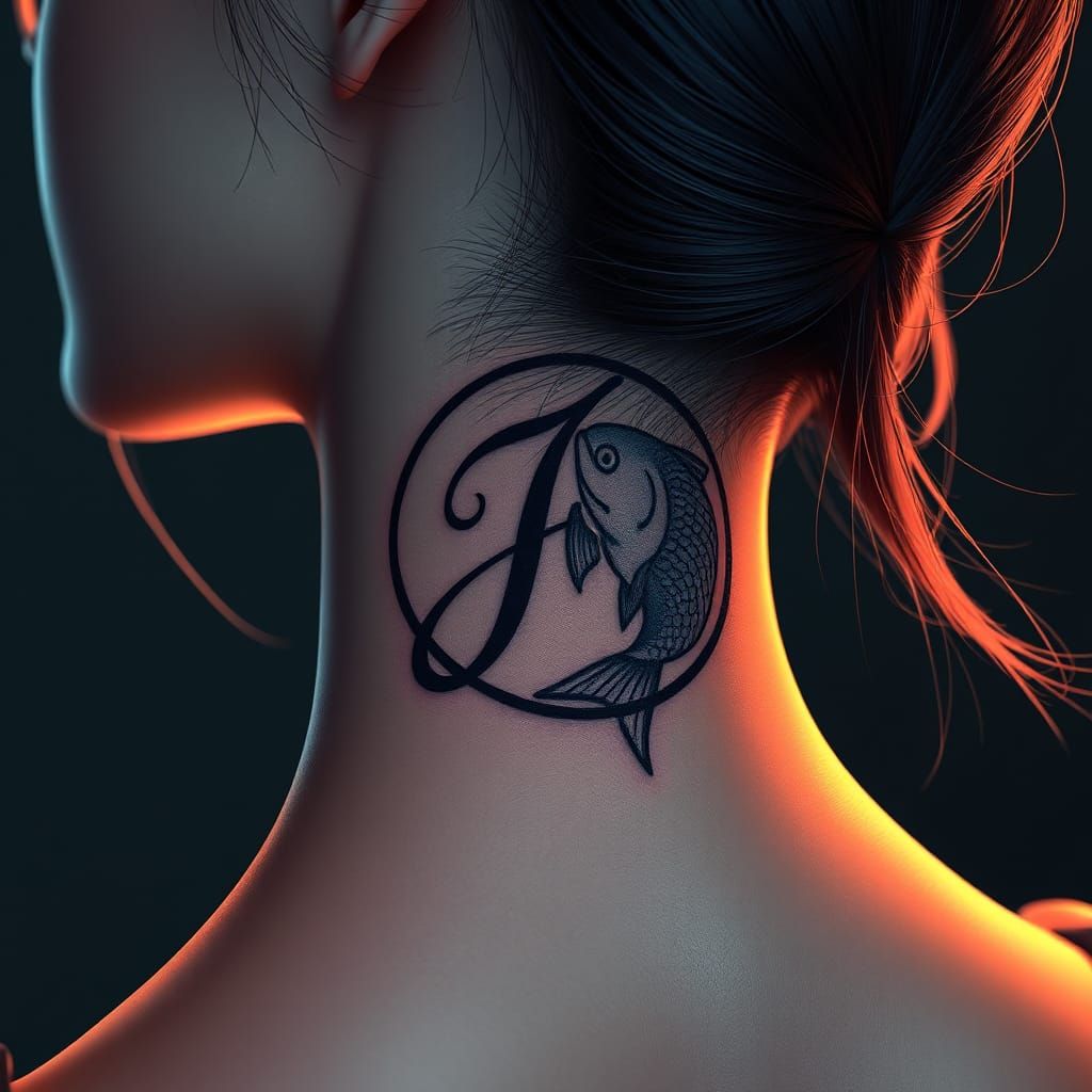 Pisces Tattoo on Woman's Neck: Anime Style