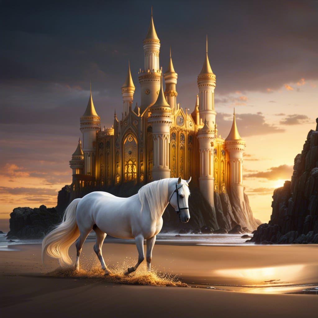 Elegant Elvish Castle and Horse on Golden Beach