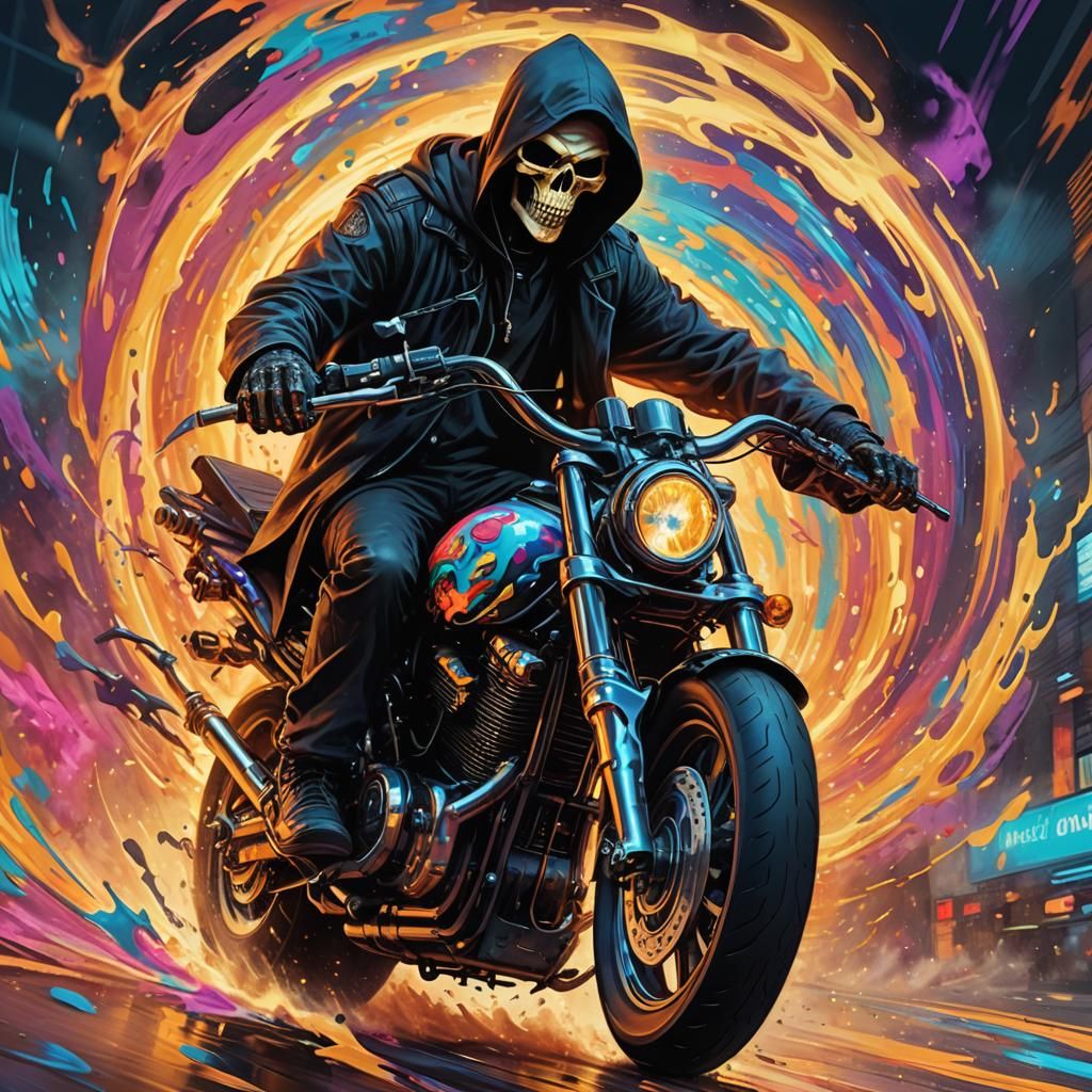 Grim Reaper Rides Motorcycle in Hyperrealistic Splash Art