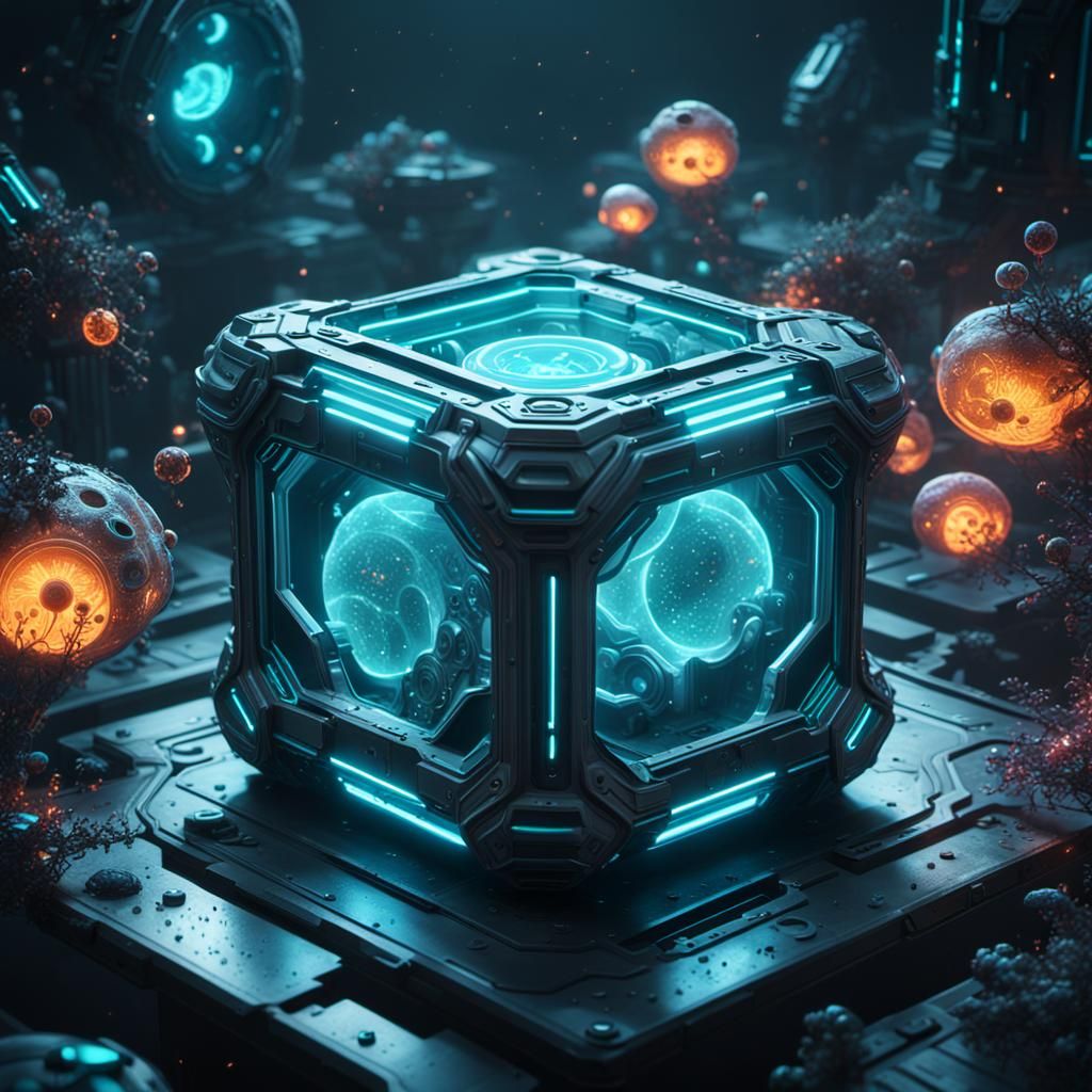 Cyberpunk Bioluminescent Amoeba in Pandora's Box