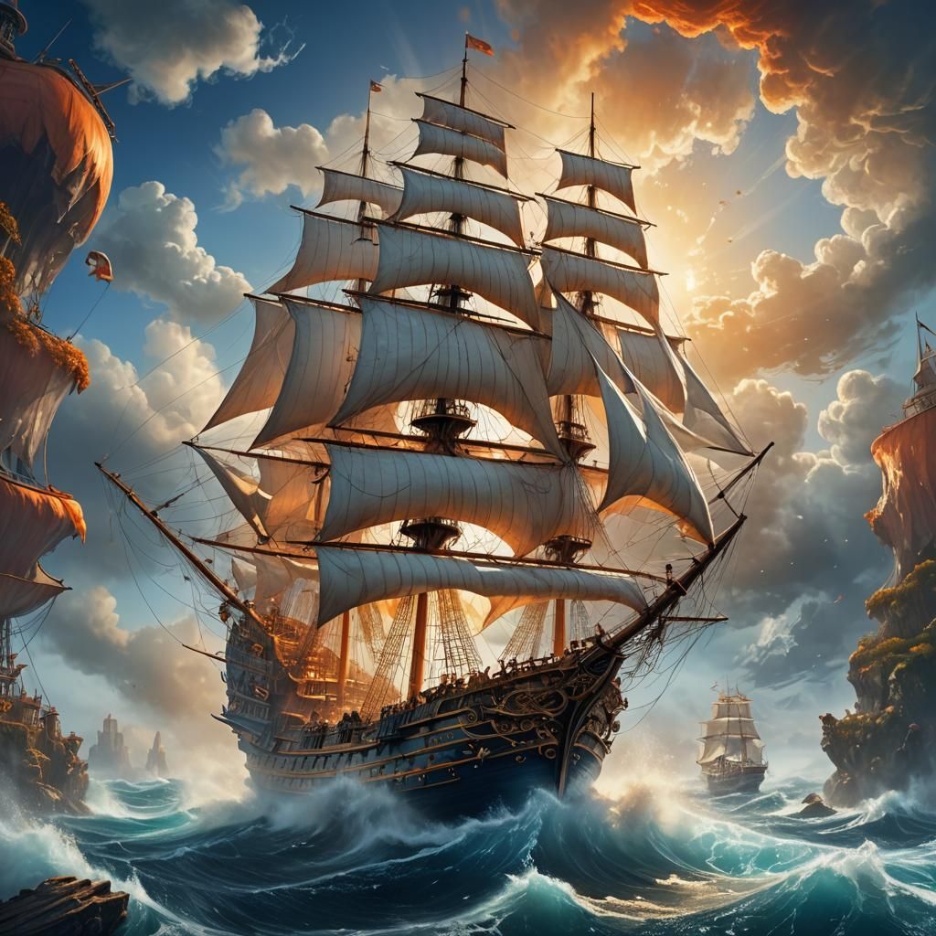 Merchant Ship Sailing in Misty Ocean: Digital Matte Painting