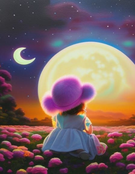 Cute Girl with Teddy Bear Hat in Dreamy Landscape