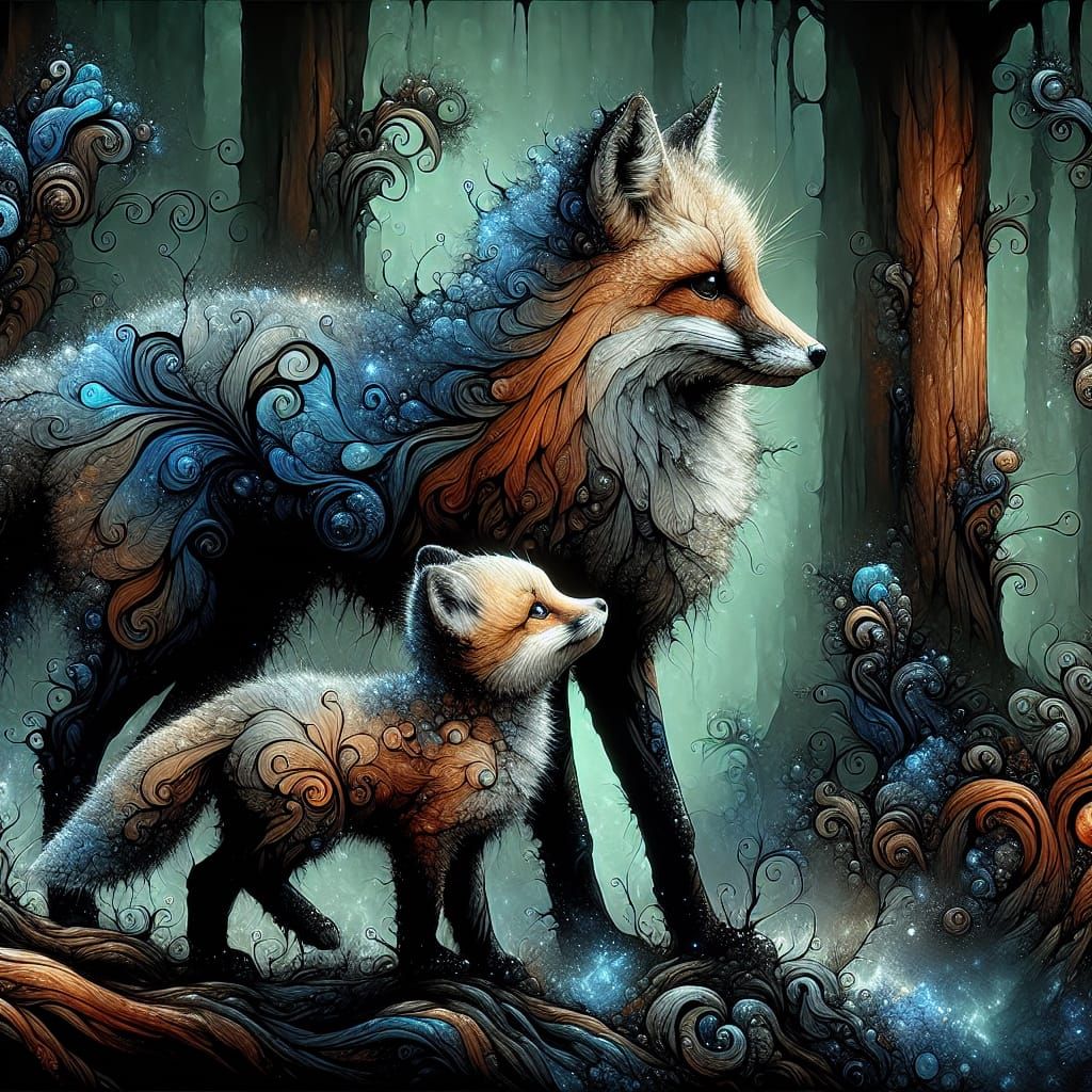 Cute Baby Fox and Mother in Forest Oil Painting