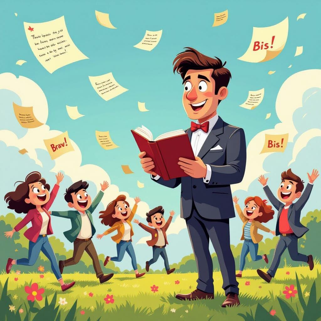 Cartoon Poet Reading Poems to Cheering Crowd