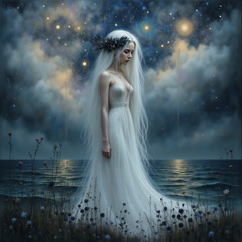 Ethereal Woman with Galaxy Sky in Gothic Landscape