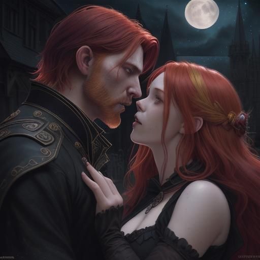 Victorian Kiss: Redhead and Witch Under Night Sky