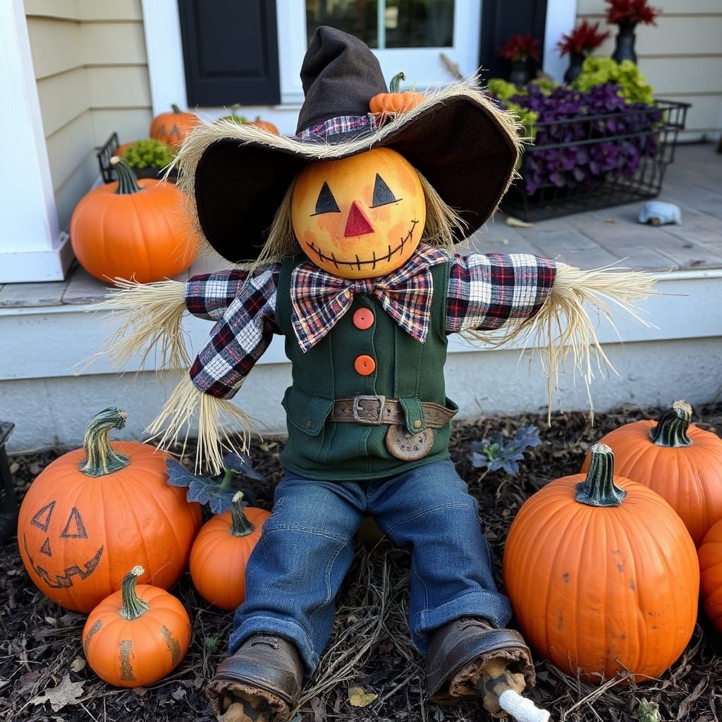 Festive Scarecrow Surrounded by Halloween Pumpkins