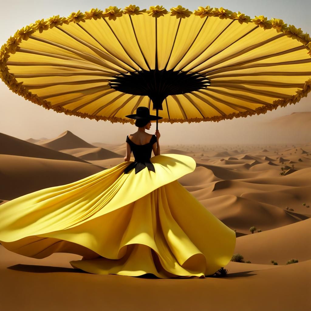 Woman with Gardenia Parasol in Desert, Botanical Art