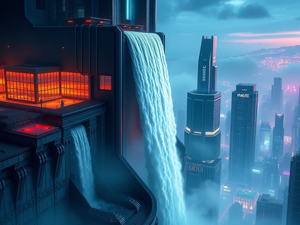 Cyberpunk Waterfall Cityscape in Cinematic Style