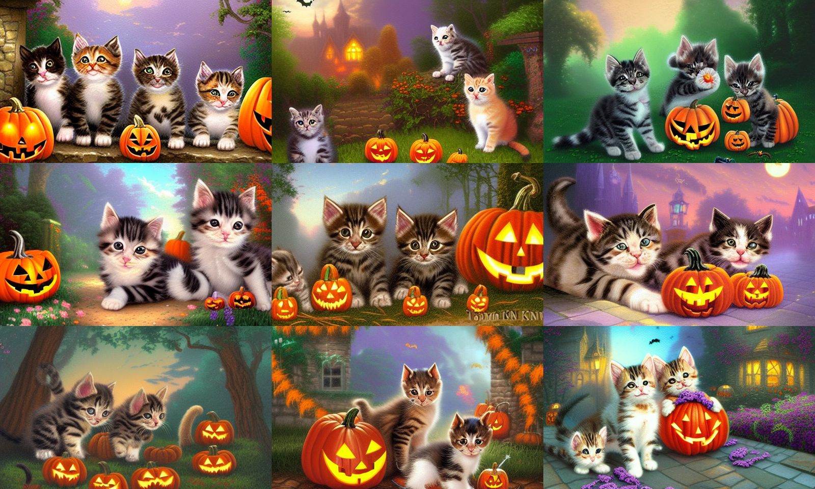 Kittens in Halloween costumes, very high detailed digital illustration Thomas Kinkade