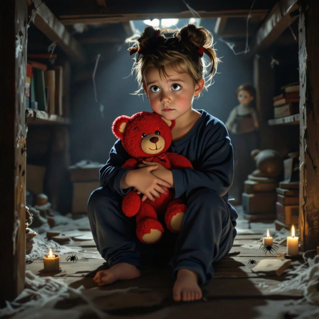 A highly detailed, photorealistic image of a frightened 3-ye...