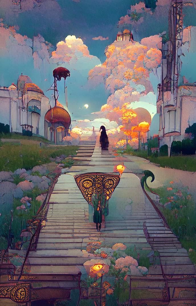 Art Nouveau Summer Evening Walk Illustration