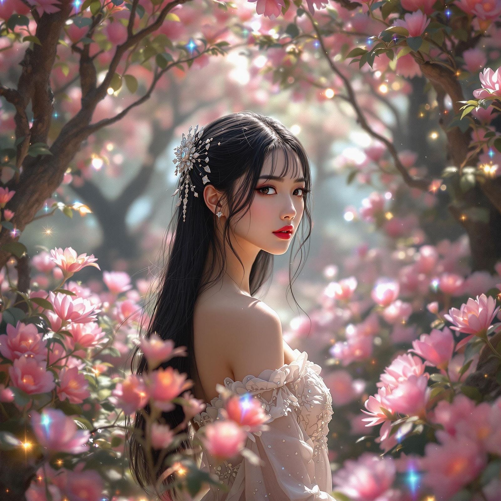 Asian Fantasy Woman in Vibrant Enchanted Forest