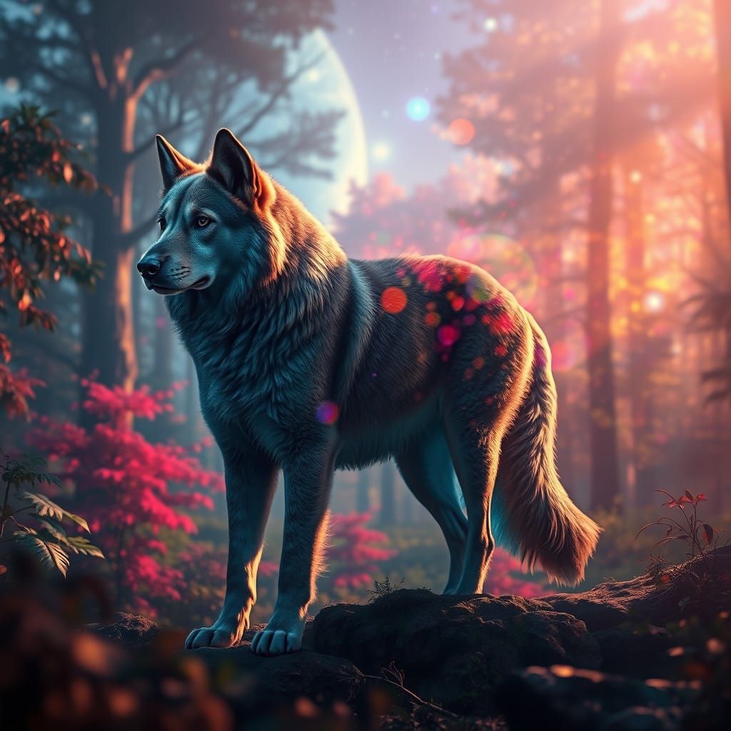Hyperrealistic Dog in Lush Forest Landscape