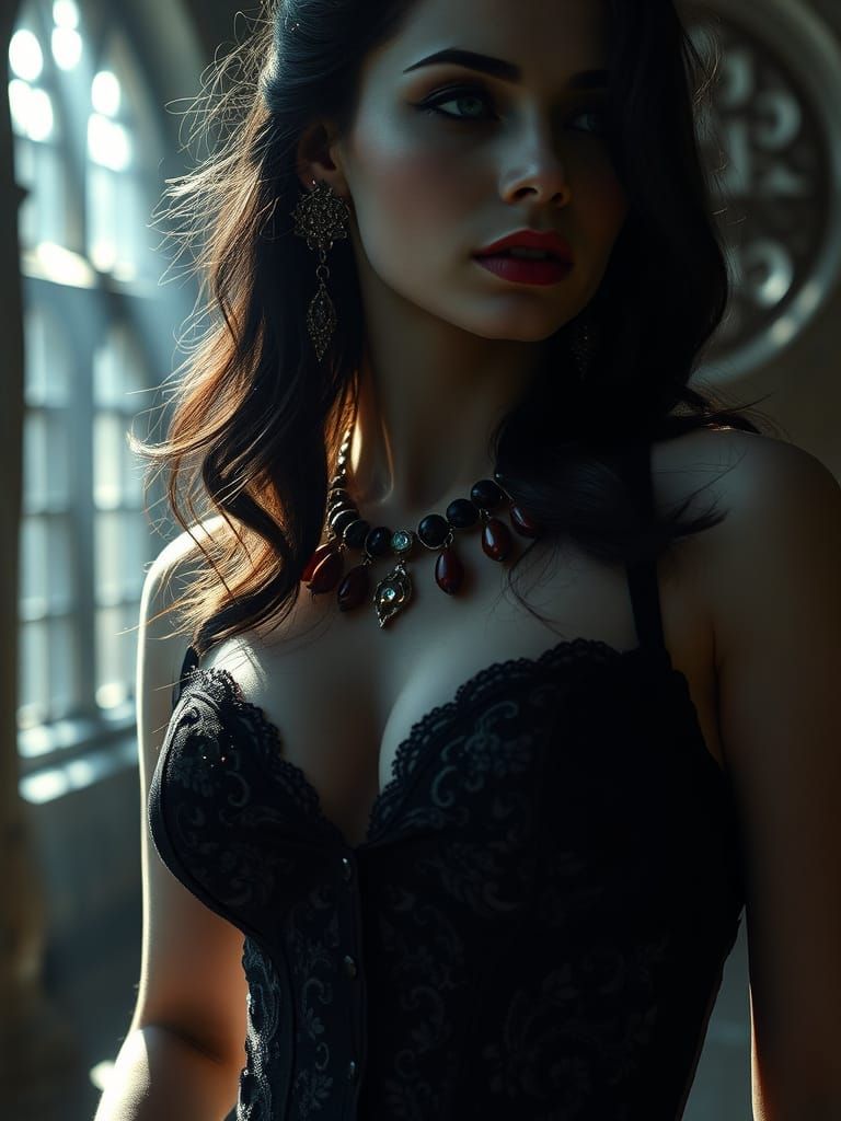 Gothic Woman in Moonlit Ruin