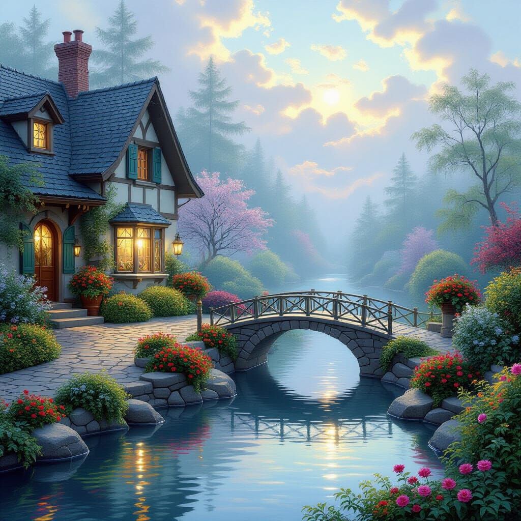 Ethereal Fantasy Garden in Thomas Kinkade Style