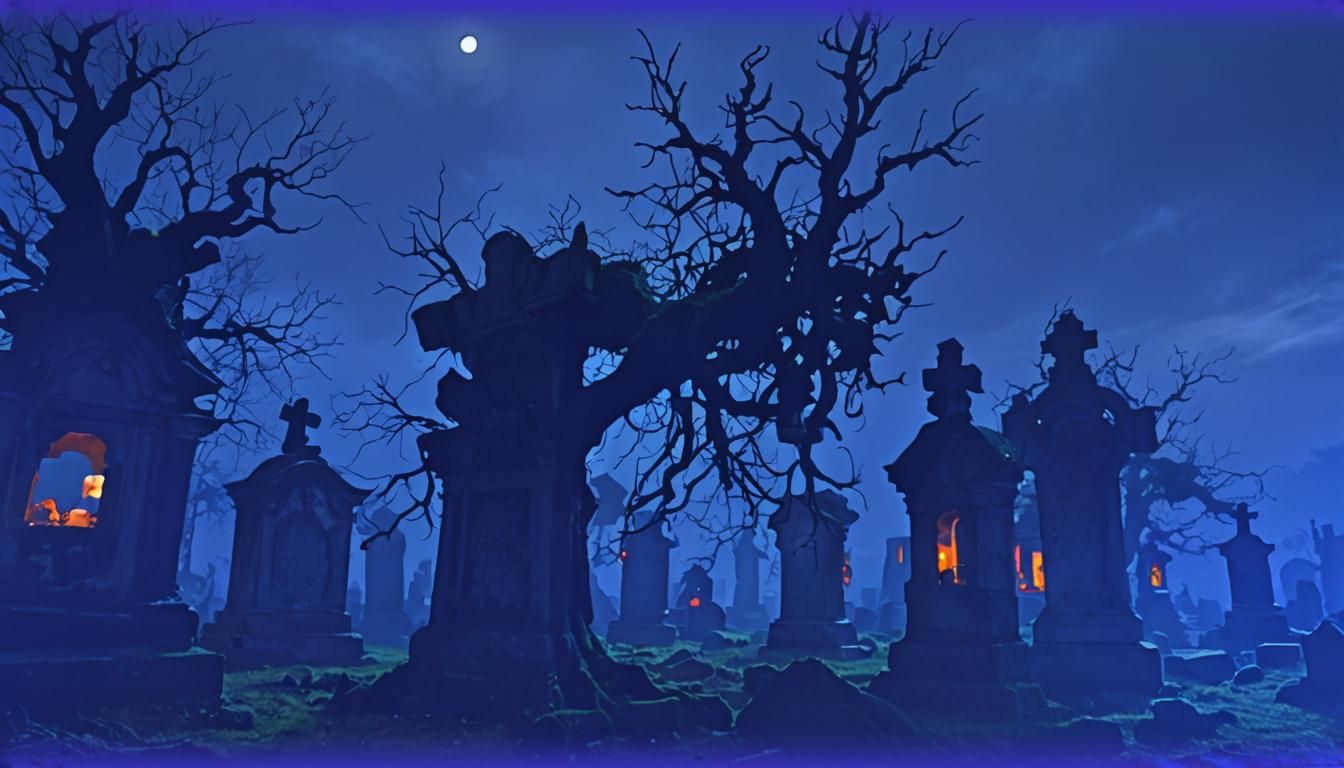 Eerie Graveyard at Dusk in Surrealist Style