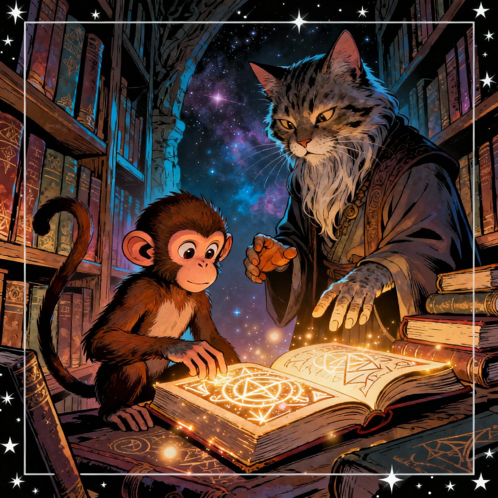 Monkey and Cat Explore Glowing Library in Comic Style