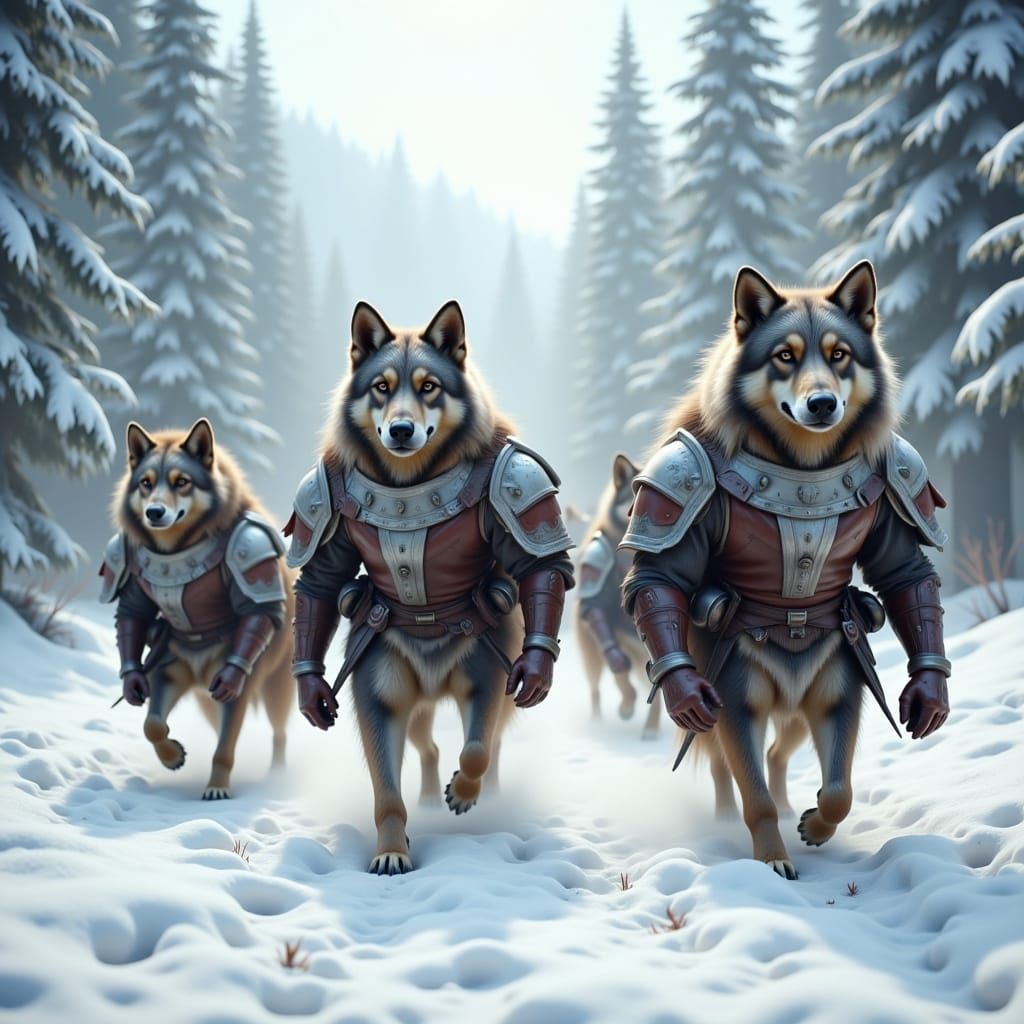 Armored Warrior Dogs in Snowy Forest, Digital Painting