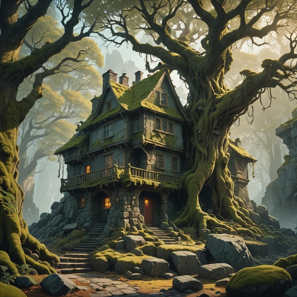 Mystical House Among Ancient Trees in Matte Painting