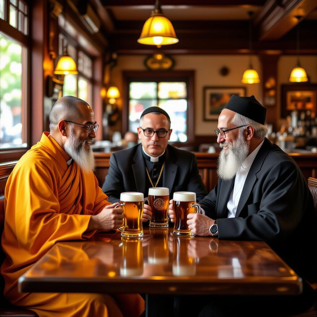 Monk, Priest, and Rabbi at Bar in Rockwell Style