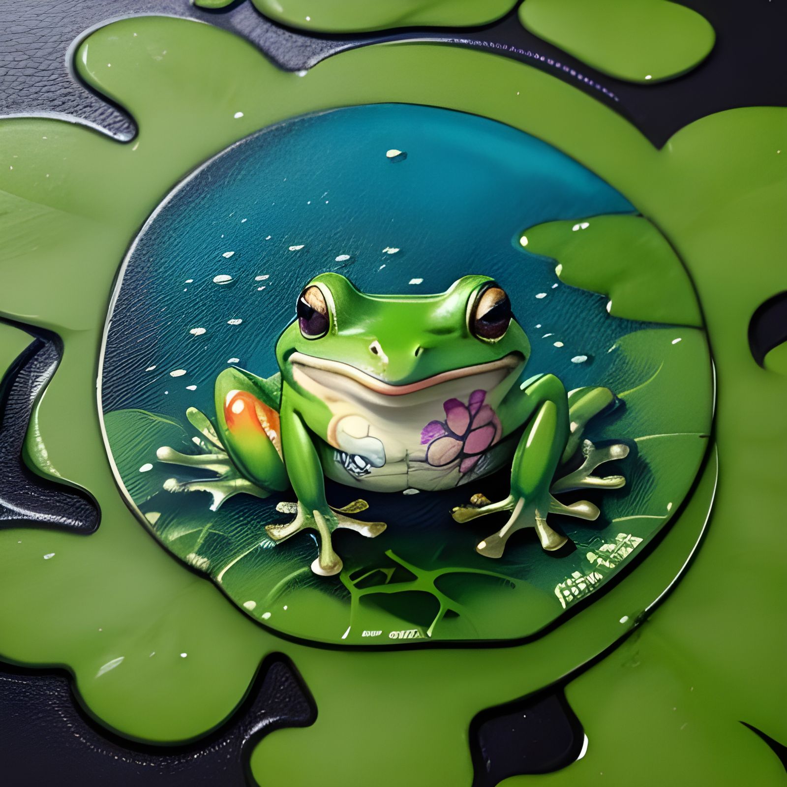 Graffiti Watercolor Frog on Lilypad Painting